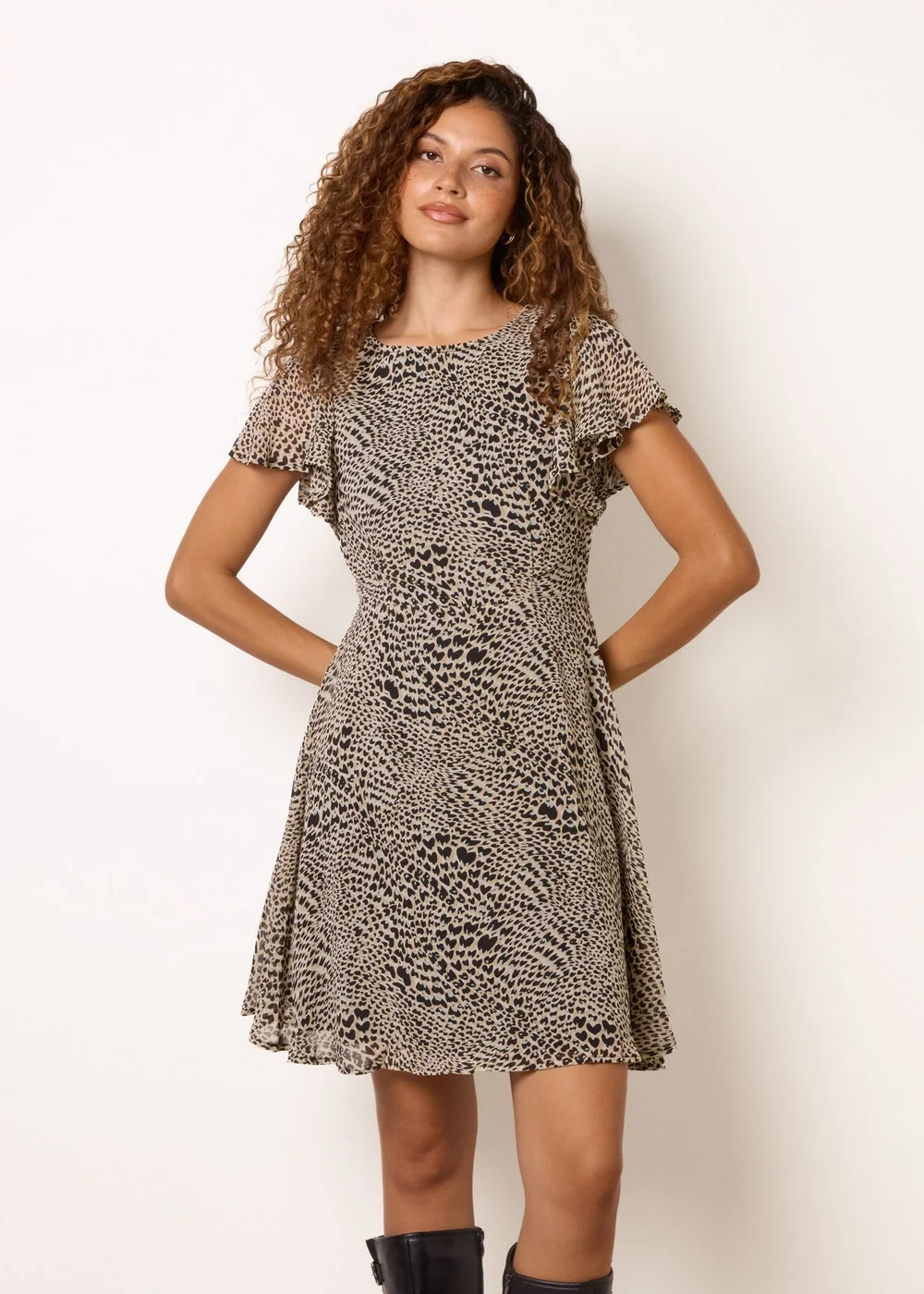Blue Vanilla Brown Heart Animal Frill Sleeve Mini Dress - 8 Image 1