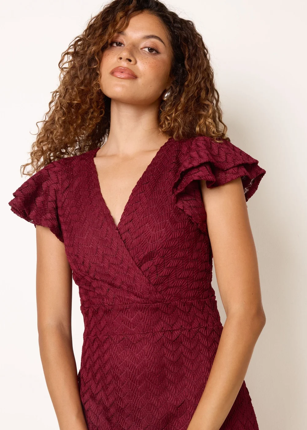 Blue Vanilla Burgundy Crochet Detailed Frill Sleeve Wrap Mini Dress - 16 Image 2
