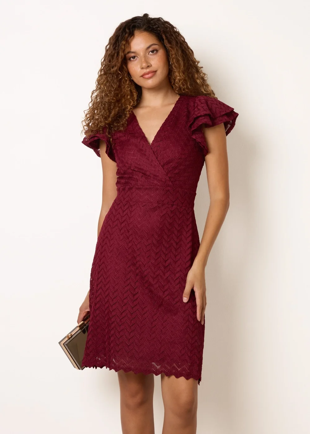 Blue Vanilla Burgundy Crochet Detailed Frill Sleeve Wrap Mini Dress - 16 Image 1