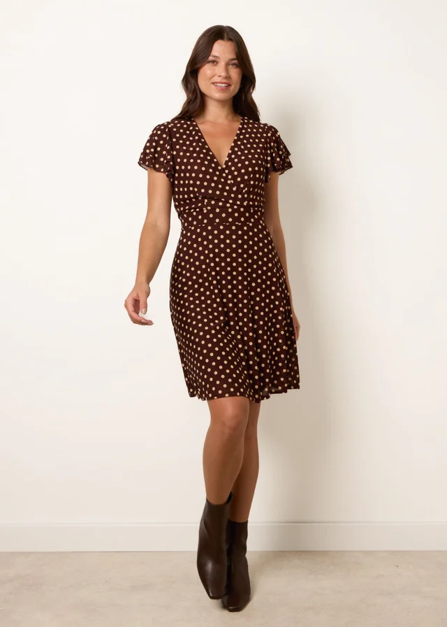 Blue Vanilla Brown Spot Mesh Frill Sleeve Dress
