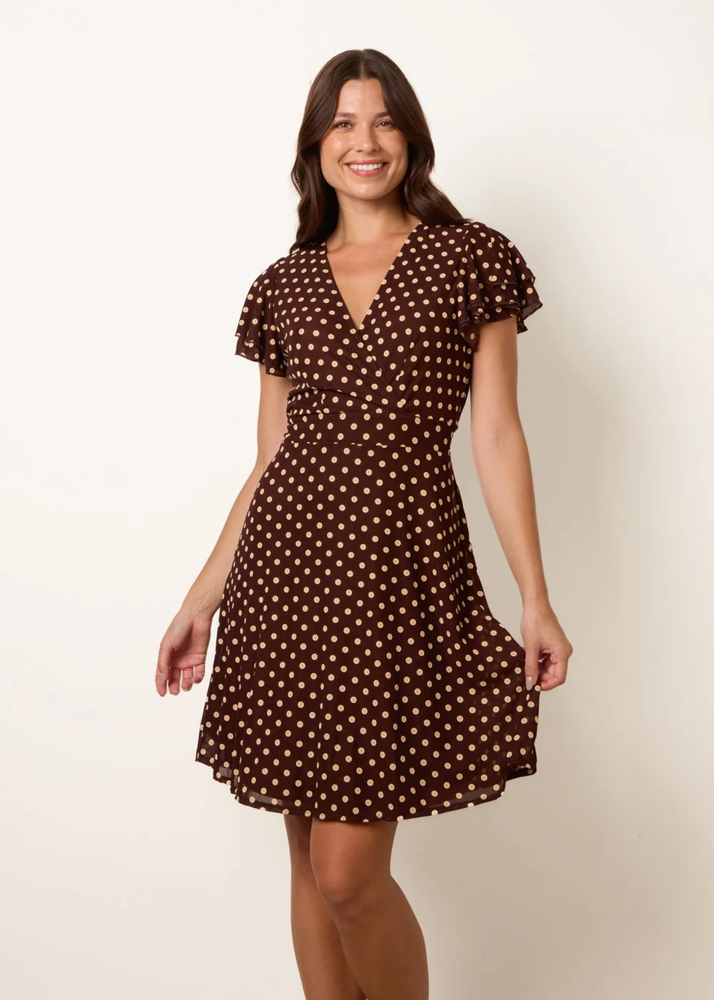 Blue Vanilla Brown Spot Mesh Frill Sleeve Dress - L Image 1