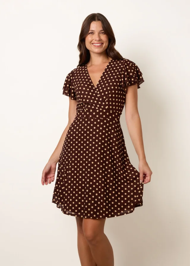 Blue Vanilla Brown Spot Mesh Frill Sleeve Dress