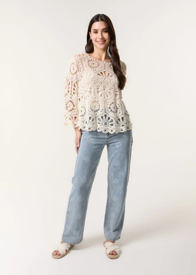 Blue Vanilla Stone Crochet Top With Flared Sleeves