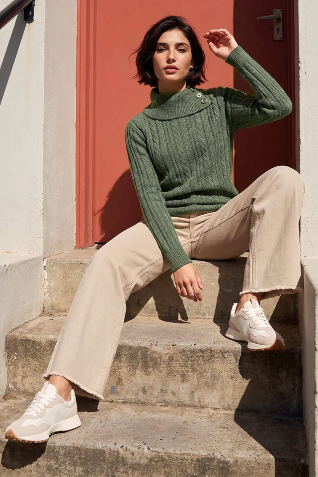 Roman Khaki Petite Button Neck Jumper