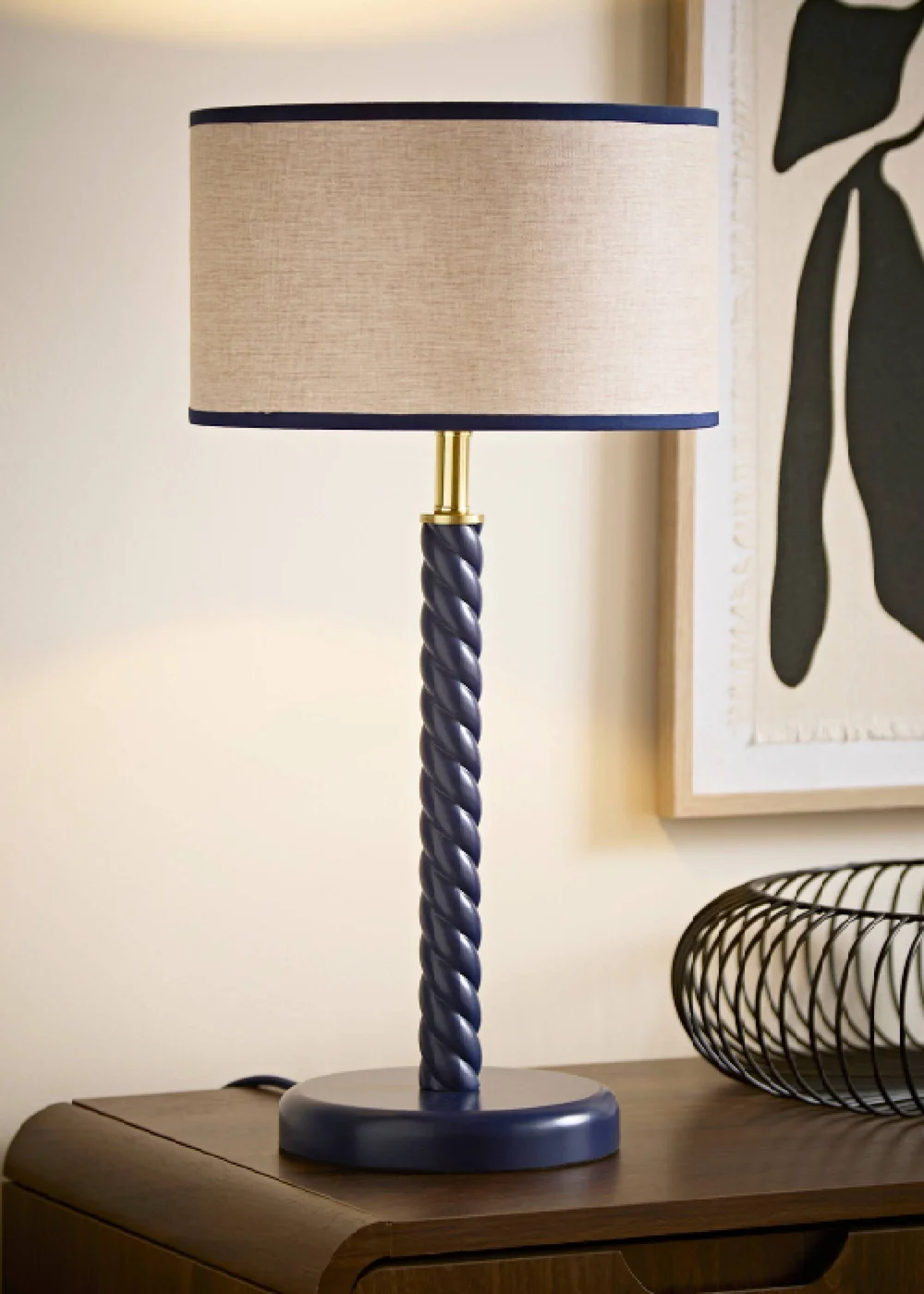 ValueLights Amara Navy Twist Table Lamp with Colour Match Inner Shade and Warm White Bulb - One Size Image 2