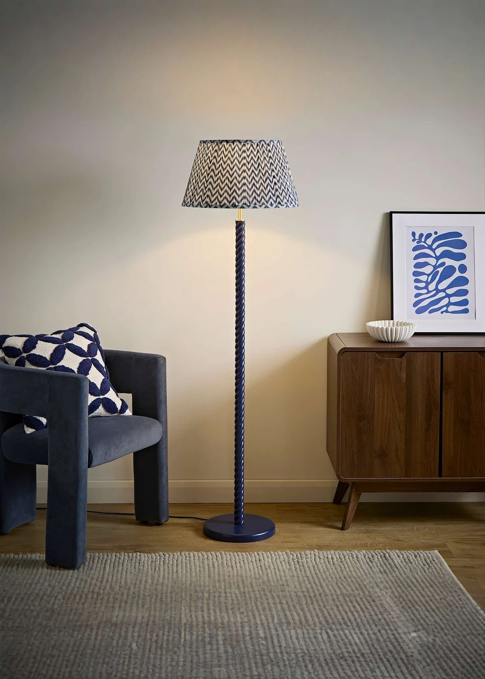 ValueLights Amara Navy Twist Floor Lamp with Chevron Pleated Shade and Warm White Bulb - One Size Image 2