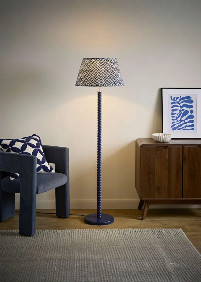 ValueLights Amara Navy Twist Floor Lamp with Chevron Pleated Shade and Warm White Bulb