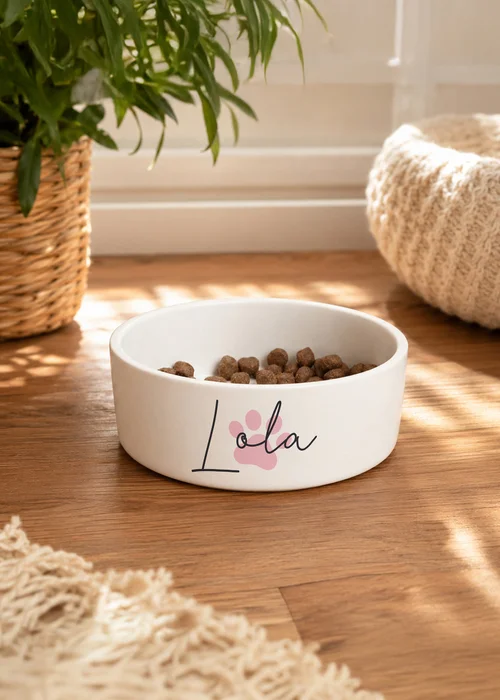 Personalised Memento Company Pink Paw Print Name 15cm Medium Pet Bowl - One Size Image 1