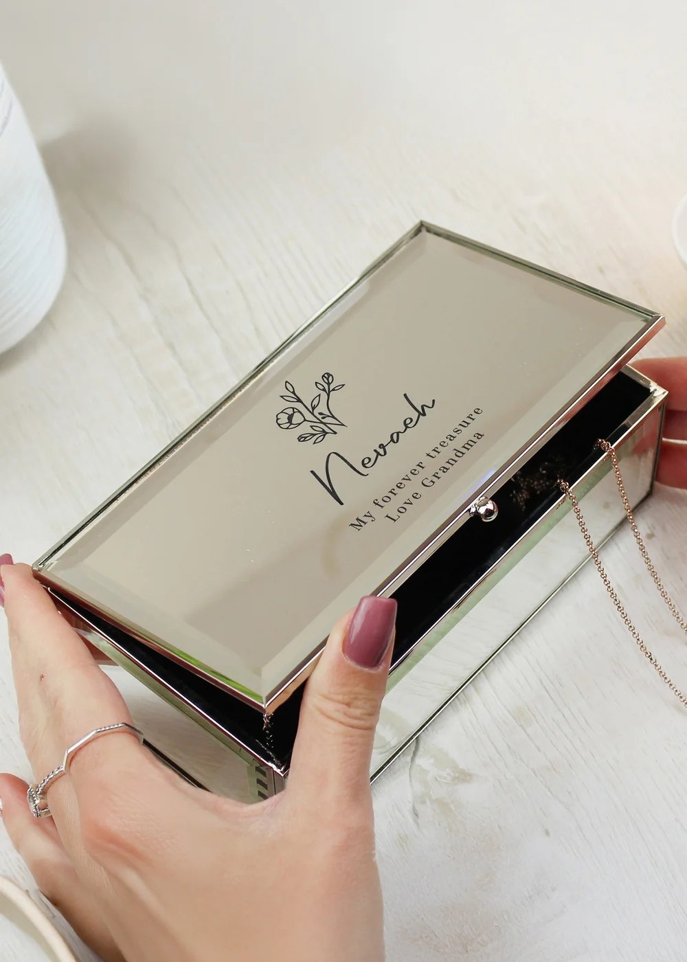 Personalised Memento Company Silver Floral Mirrored Jewellery Box - One Size Image 2
