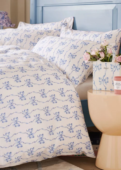 Cath Kidston Ribbon & Bows Reversible Cotton Duvet Cover Set White / Blue - Double Image 1
