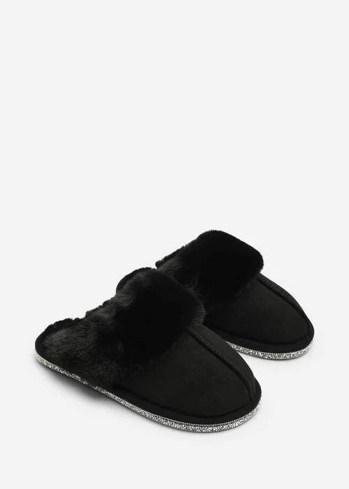 Where's That From Dovina Black Diamante Trim Detail Faux Fur Trim Mule Slippers - 5 Image 3