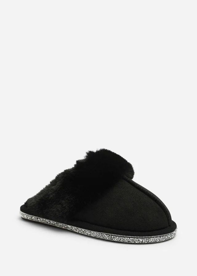 Where's That From Dovina Black Diamante Trim Detail Faux Fur Trim Mule Slippers
