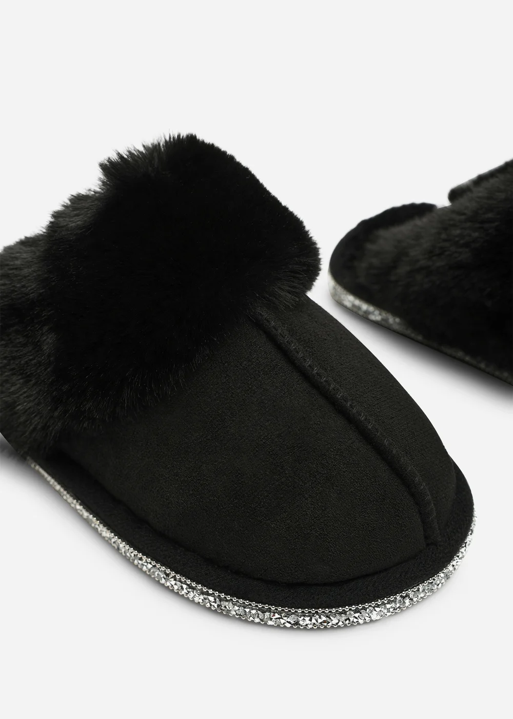 Where's That From Dovina Black Diamante Trim Detail Faux Fur Trim Mule Slippers - 5 Image 4