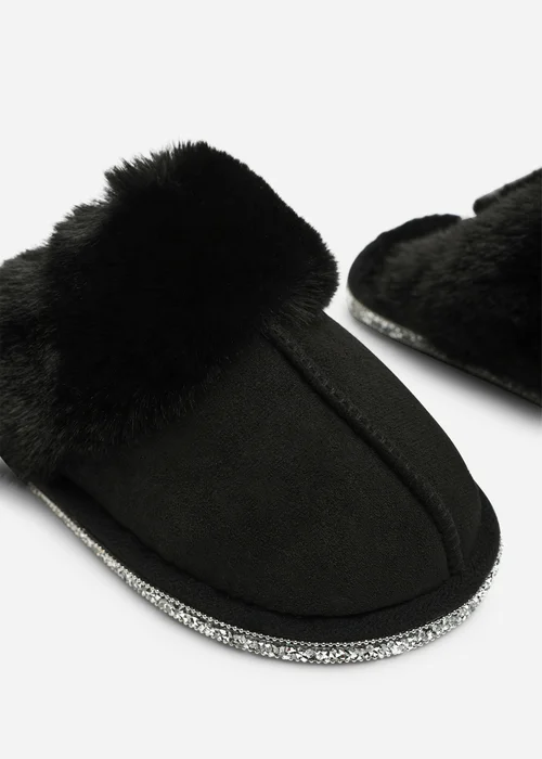 Where's That From Dovina Black Diamante Trim Detail Faux Fur Trim Mule Slippers - 5 Image 4