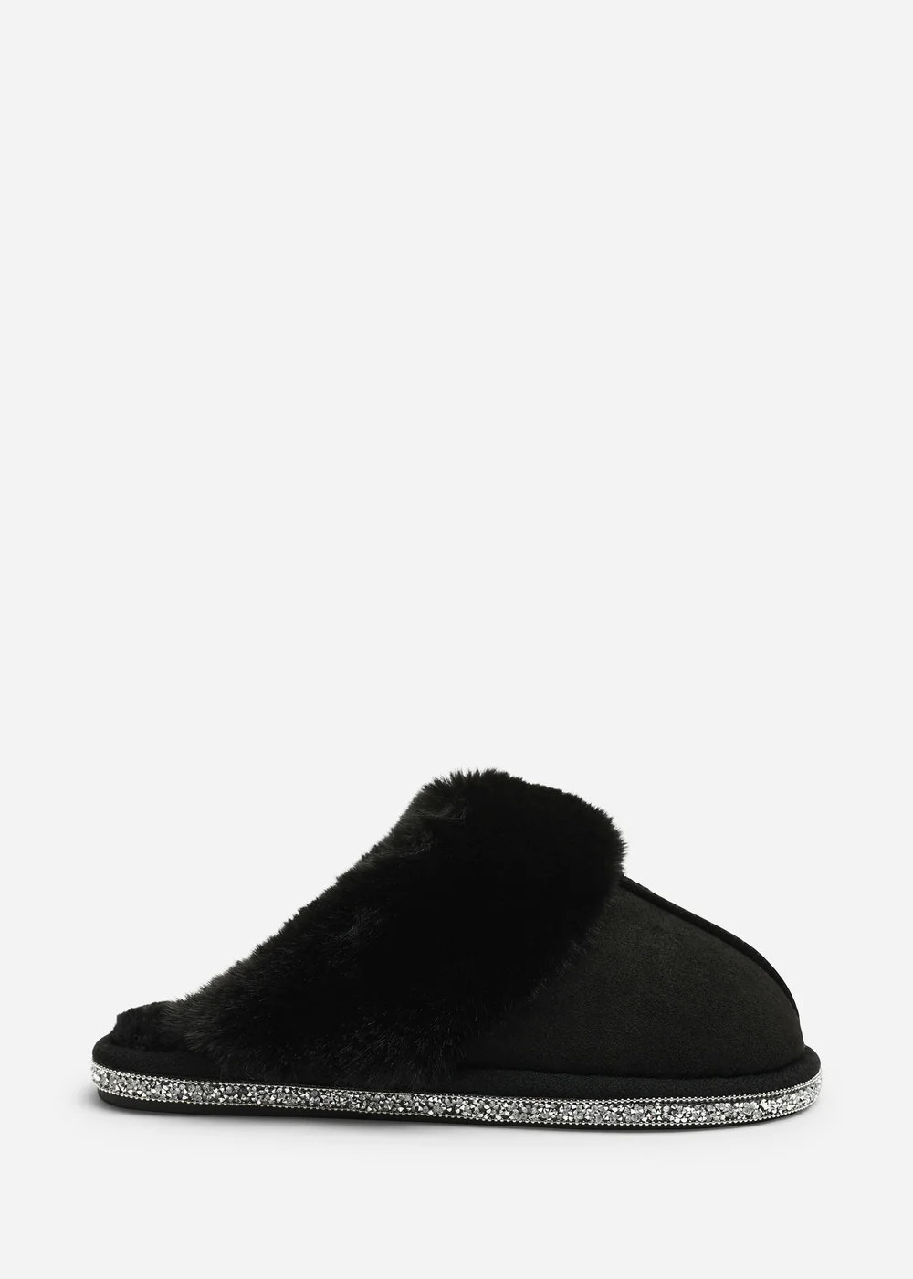 Where's That From Dovina Black Diamante Trim Detail Faux Fur Trim Mule Slippers - 5 Image 1
