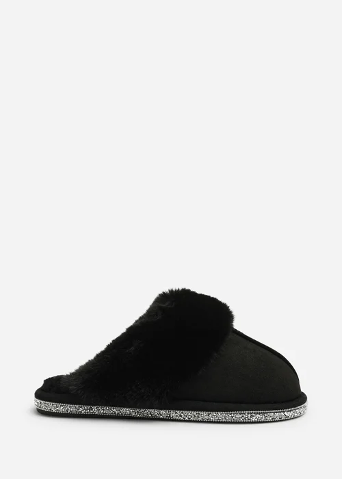 Where's That From Dovina Black Diamante Trim Detail Faux Fur Trim Mule Slippers - 5 Image 1