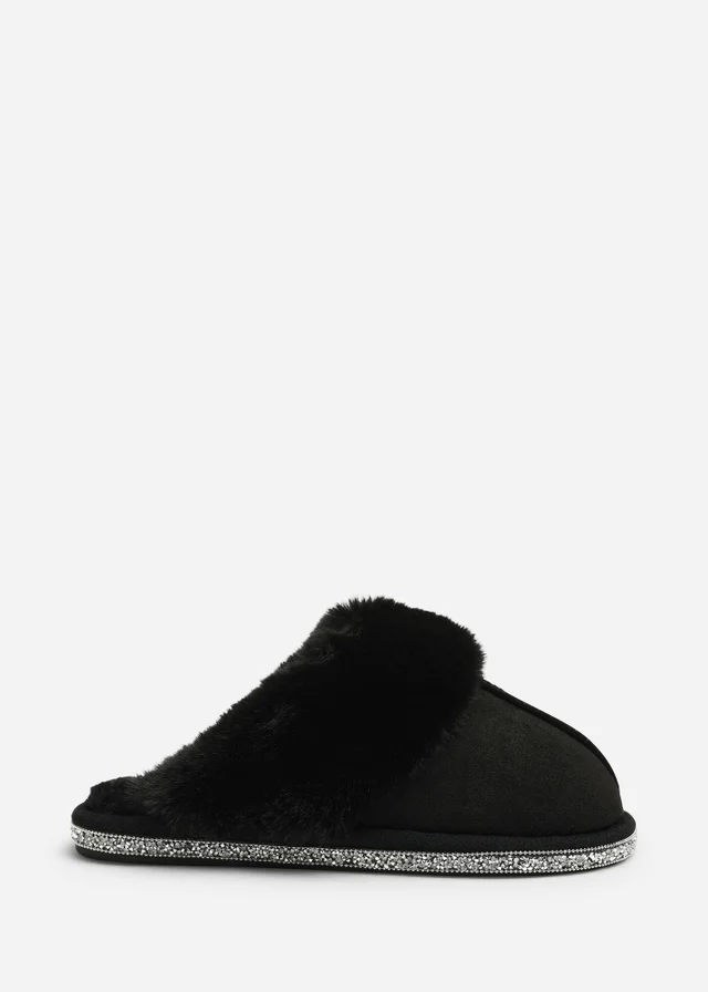 Where's That From Dovina Black Diamante Trim Detail Faux Fur Trim Mule Slippers