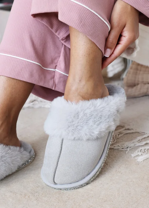 Where's That From Dovina Grey Diamante Trim Detail Faux Fur Trim Mule Slippers - 3 Image 2