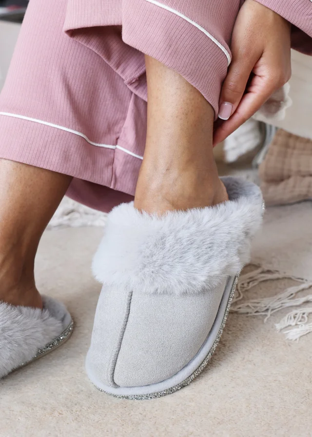 Where's That From Dovina Grey Diamante Trim Detail Faux Fur Trim Mule Slippers