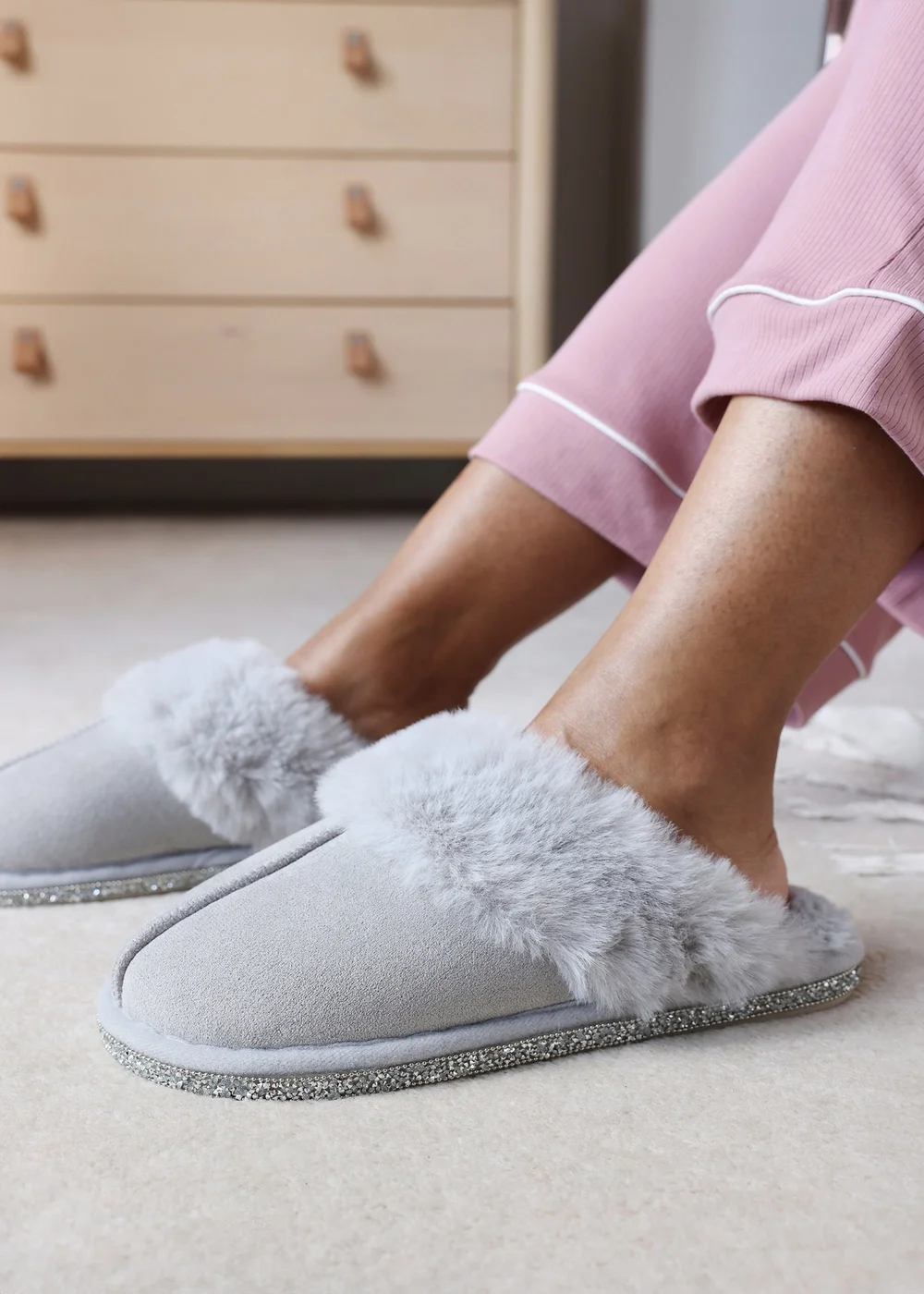 Where's That From Dovina Grey Diamante Trim Detail Faux Fur Trim Mule Slippers - 3 Image 5