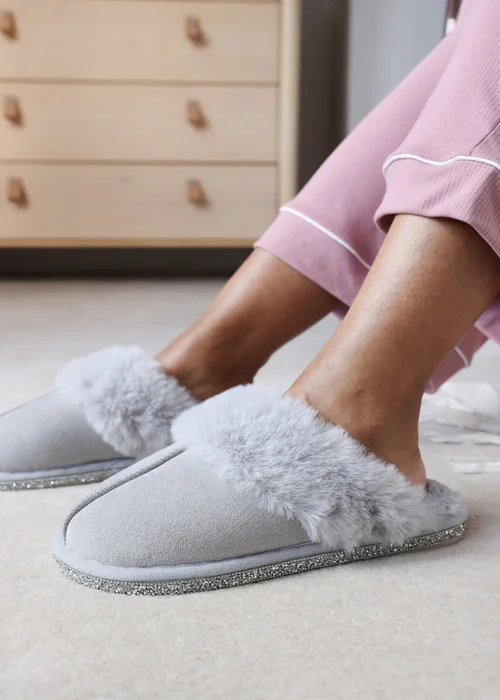 Where's That From Dovina Grey Diamante Trim Detail Faux Fur Trim Mule Slippers - 3 Image 5