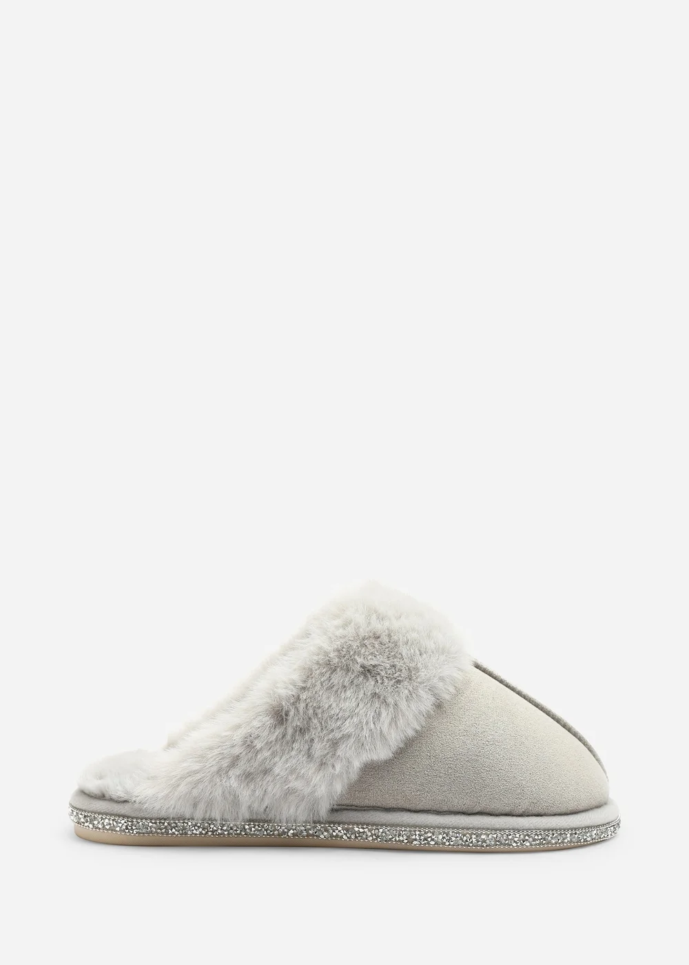 Where's That From Dovina Grey Diamante Trim Detail Faux Fur Trim Mule Slippers - 3 Image 1