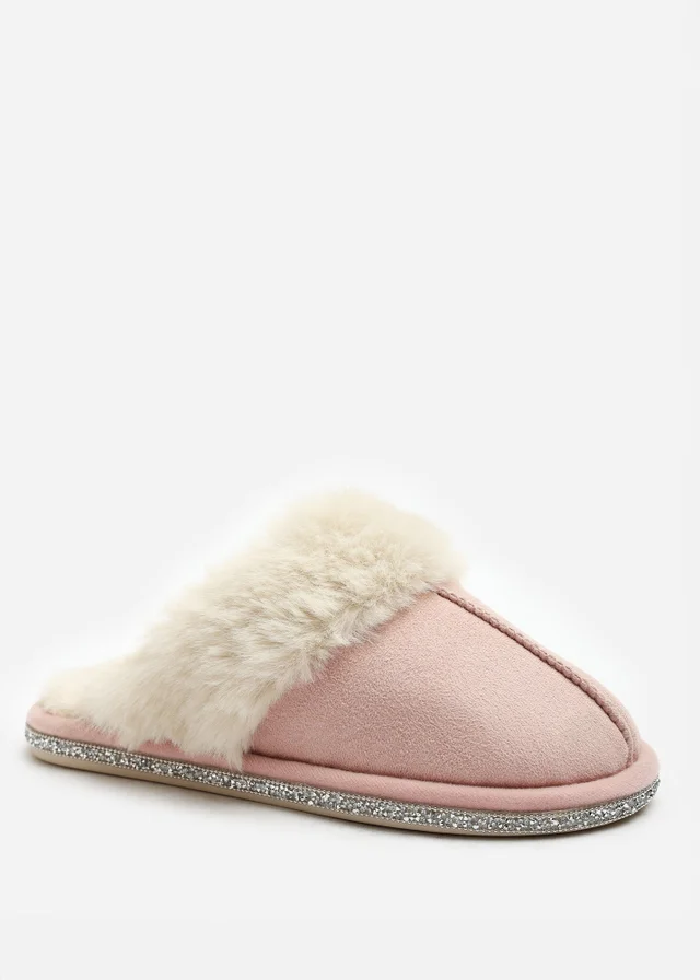 Where's That From Dovina Pink Diamante Trim Detail Faux Fur Trim Mule Slippers