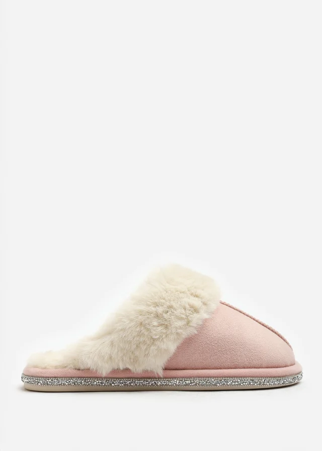 Where's That From Dovina Pink Diamante Trim Detail Faux Fur Trim Mule Slippers