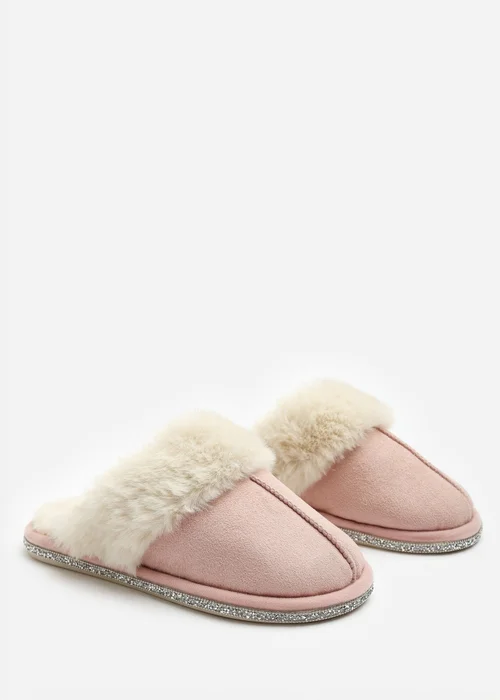 Where's That From Dovina Pink Diamante Trim Detail Faux Fur Trim Mule Slippers - 4 Image 3