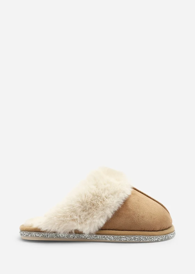 Where's That From Dovina Camel Diamante Trim Detail Faux Fur Trim Mule Slippers