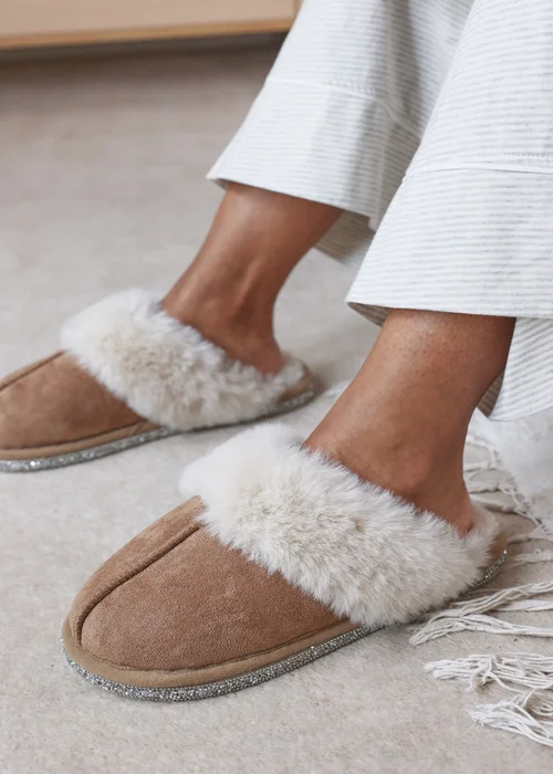 Where's That From Dovina Camel Diamante Trim Detail Faux Fur Trim Mule Slippers - 4 Image 5