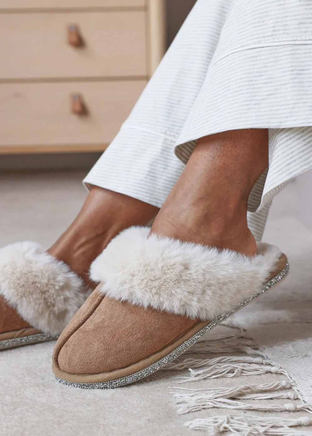 Where's That From Dovina Camel Diamante Trim Detail Faux Fur Trim Mule Slippers - 4 Image 2