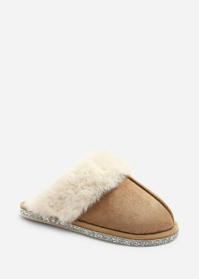 Where's That From Dovina Camel Diamante Trim Detail Faux Fur Trim Mule Slippers