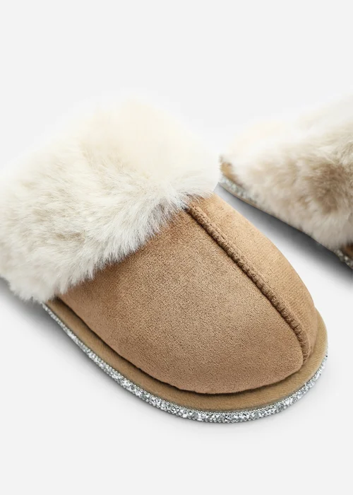 Where's That From Dovina Camel Diamante Trim Detail Faux Fur Trim Mule Slippers - 4 Image 4
