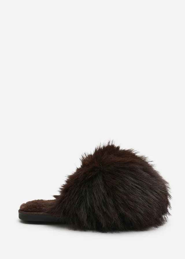 Where's That From Keira Dark Brown Extreme Fluffy Oversized Faux Fur Slippers