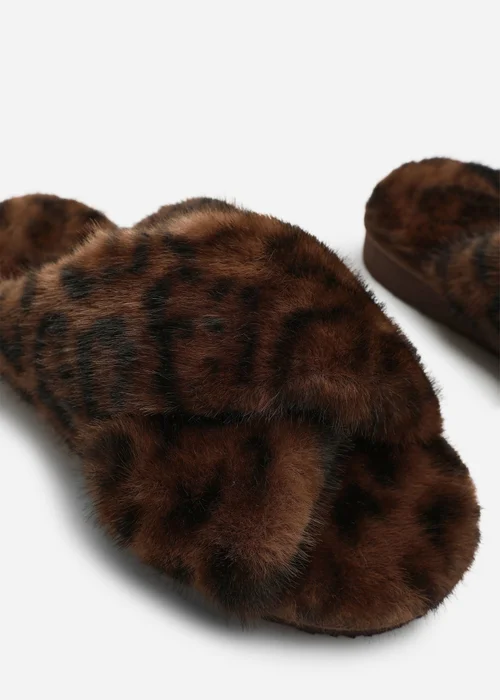 Where's That From Cuddle Leopard Cross Over Fluffy Fur Slider Slippers - 8 Image 4