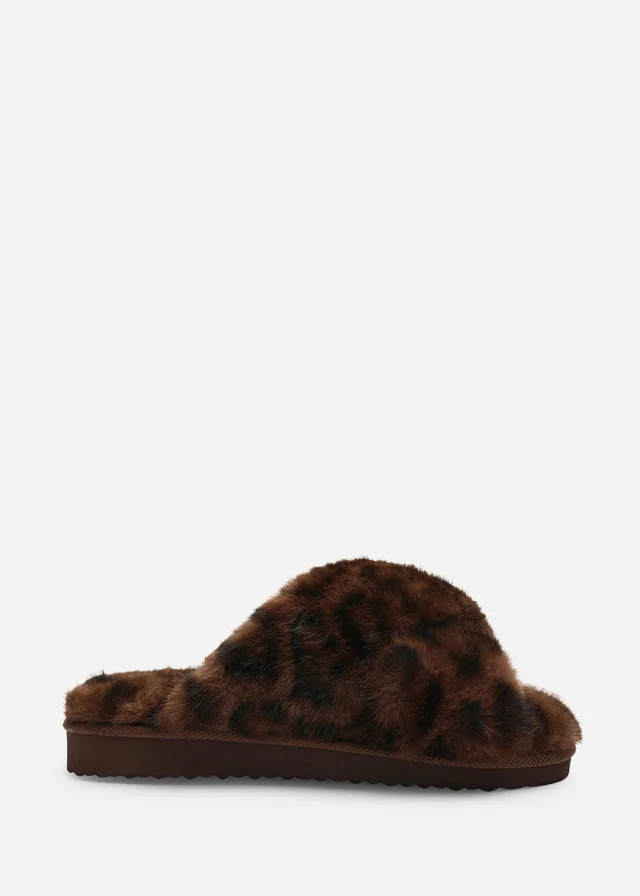 Where's That From Cuddle Leopard Cross Over Fluffy Fur Slider Slippers