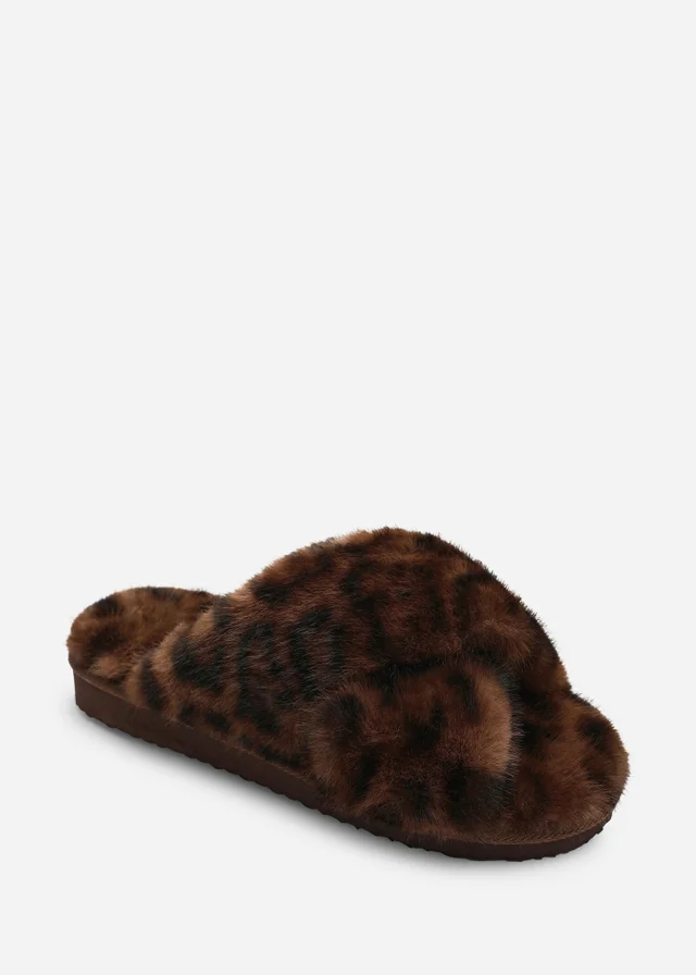 Where's That From Cuddle Leopard Cross Over Fluffy Fur Slider Slippers