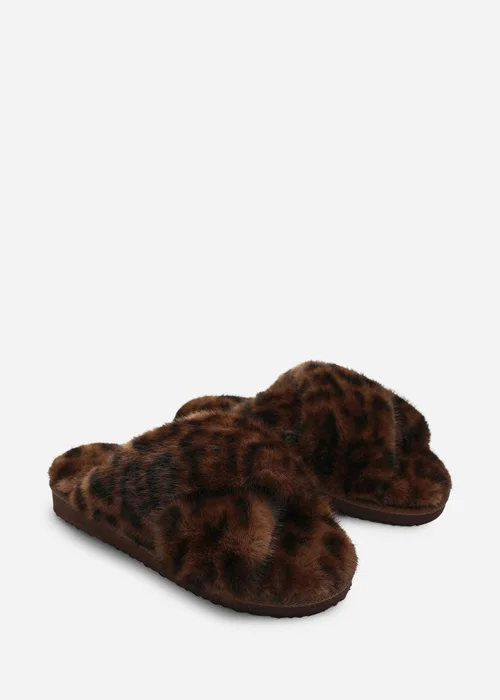 Where's That From Cuddle Leopard Cross Over Fluffy Fur Slider Slippers - 8 Image 3