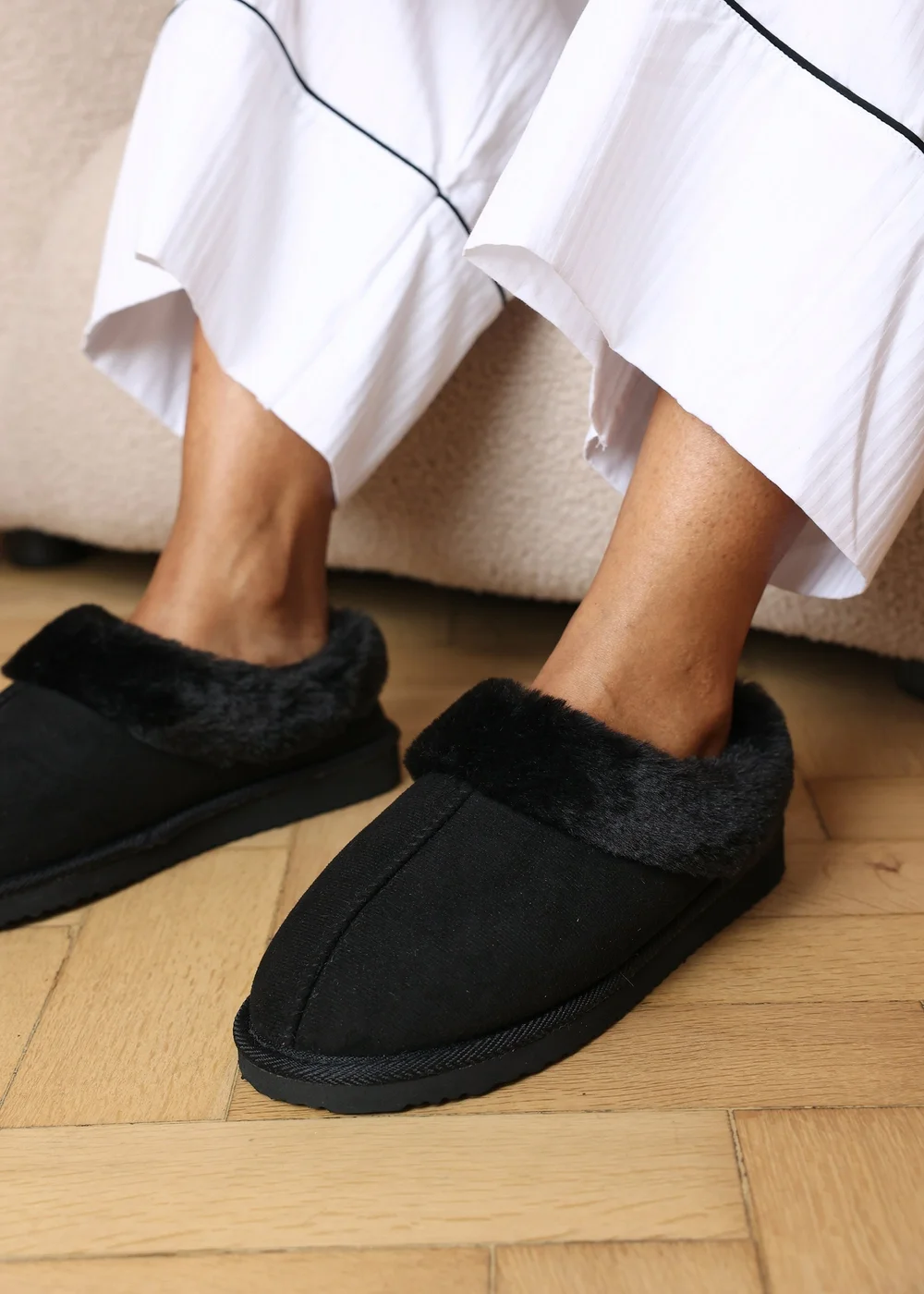 Where's That From Inaya Black Mule Slippers With Faux Fur Collar Trim - 6 Image 2