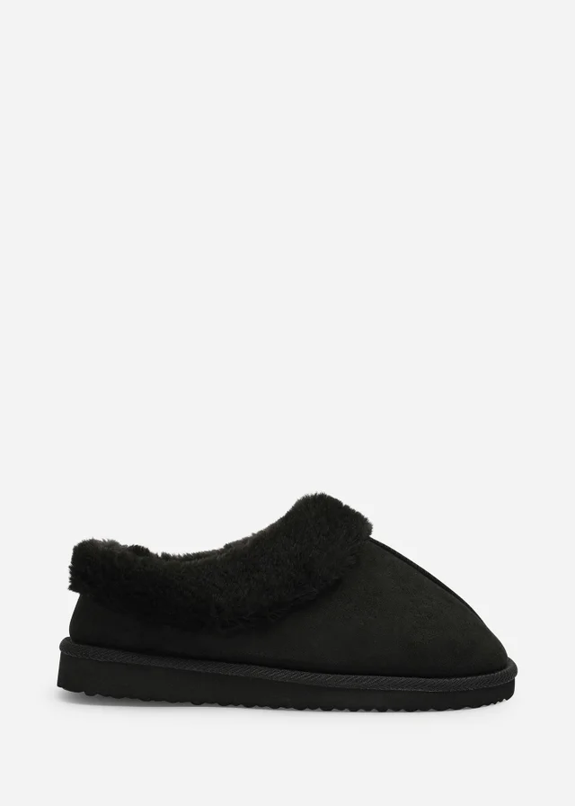 Where's That From Inaya Black Mule Slippers With Faux Fur Collar Trim