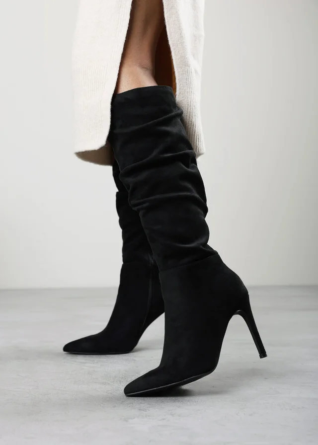 Where's That From Goldie Black Slouch Pointed Toe Knee High Heeled Boot