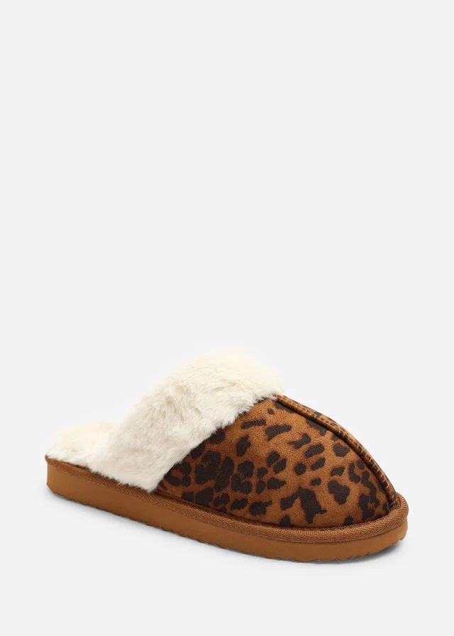 Where's That From Drinae Leopard Fur Trim Mule Slippers
