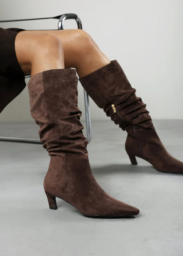 Where's That From Kensley Dark Brown Ruched Slouch Knee High Snipped Toe Boot