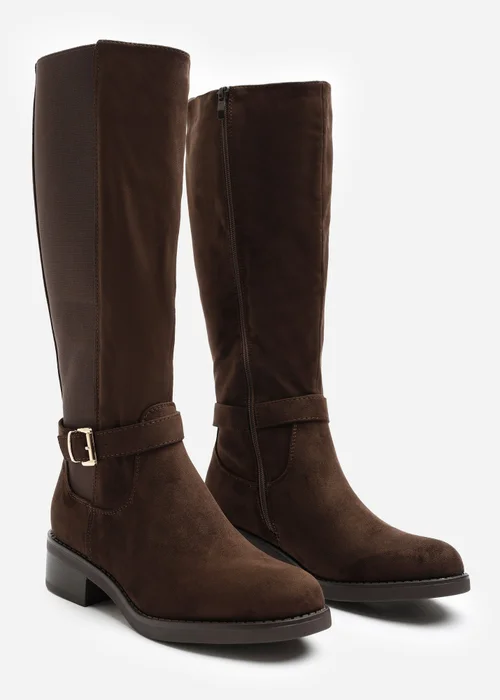 Where's That From Bode Dark Brown Stretch Knee High Riding Boots with Side Buckle Strap - 8 Image 3