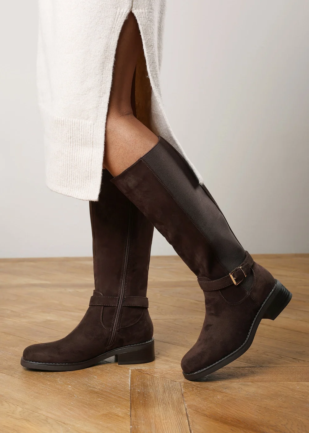 Where's That From Bode Dark Brown Stretch Knee High Riding Boots with Side Buckle Strap - 8 Image 5