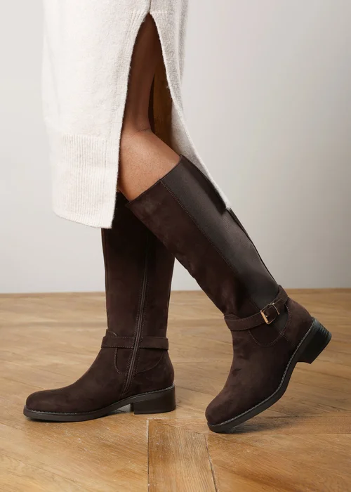 Where's That From Bode Dark Brown Stretch Knee High Riding Boots with Side Buckle Strap - 8 Image 5