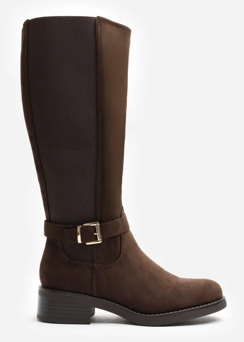 Where's That From Bode Dark Brown Stretch Knee High Riding Boots with Side Buckle Strap - 8 Image 1