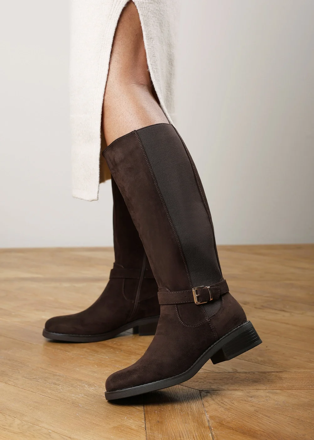 Where's That From Bode Dark Brown Stretch Knee High Riding Boots with Side Buckle Strap - 8 Image 2