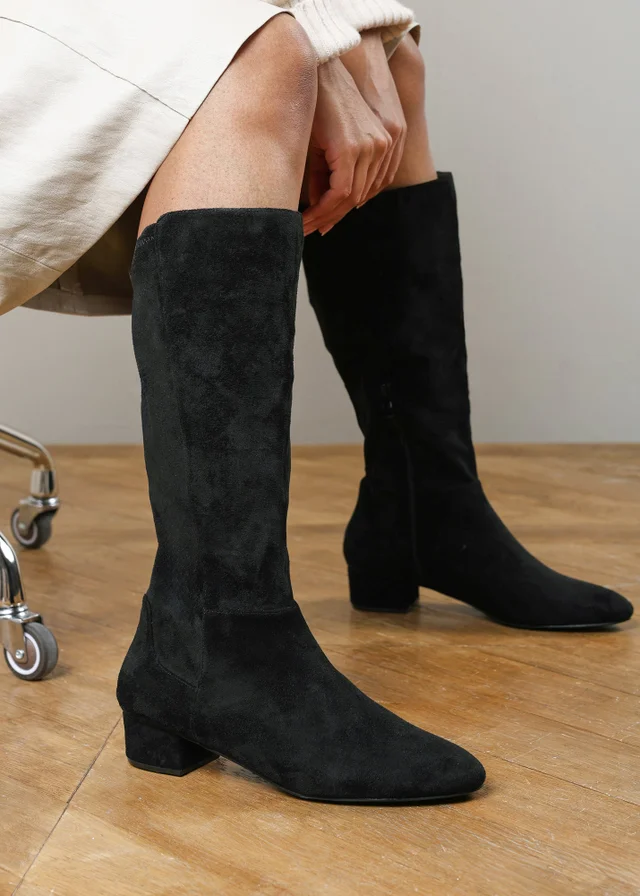 Where's That From Paislee Black Wide Fit Round Toe Block Heel Stretch Boots